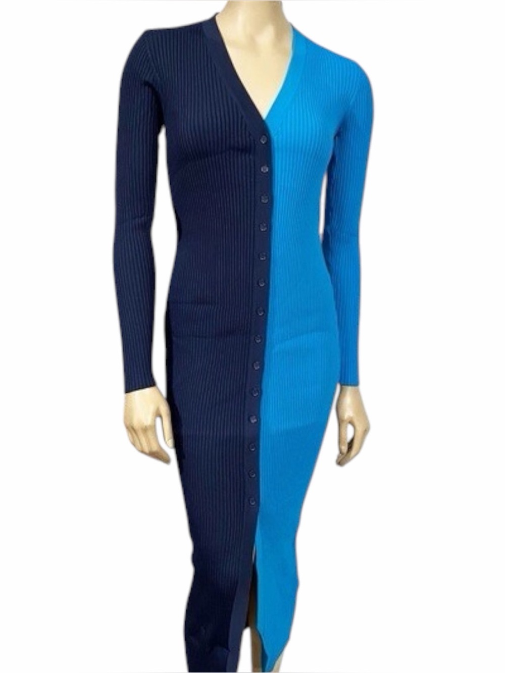 Staud Shoko Colorblock Ribbed Sweater Dress Blue Knit Mini XS